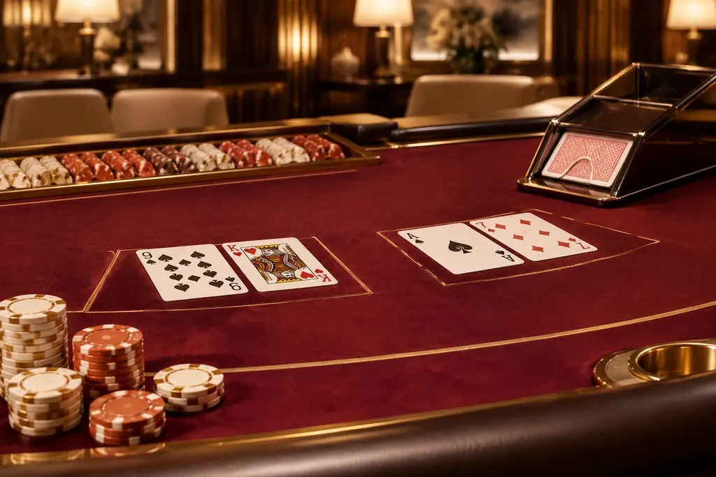 Meja baccarat dengan kartu dan chip di bawah lampu hangat