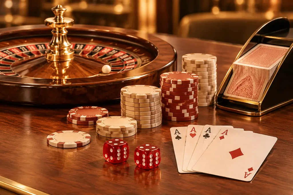Meja kasino dengan roda roulette, kartu, dan chip dari sudut atas