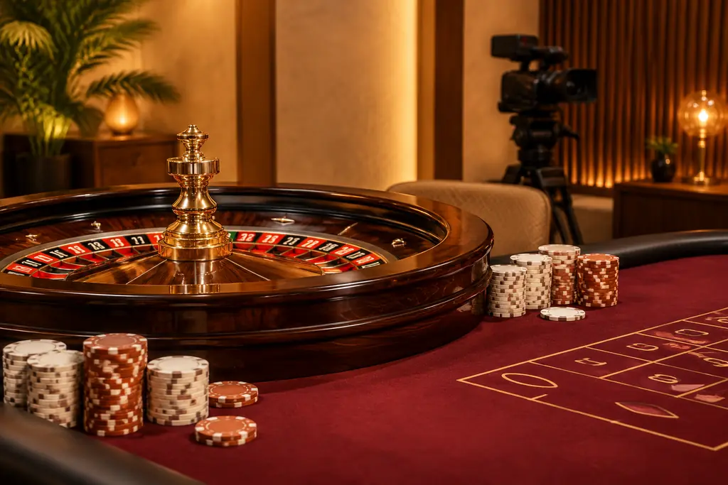 Meja roulette kasino dengan roda, chip, dan pencahayaan studio