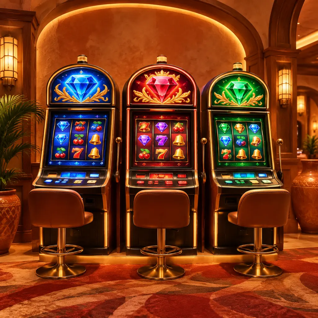Deretan mesin slot bertema permata di ruang kasino bernuansa hangat