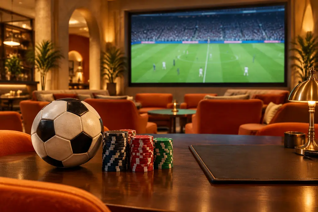 Ruang sportsbook kasino dengan layar lapangan sepak bola dan bola di depan
